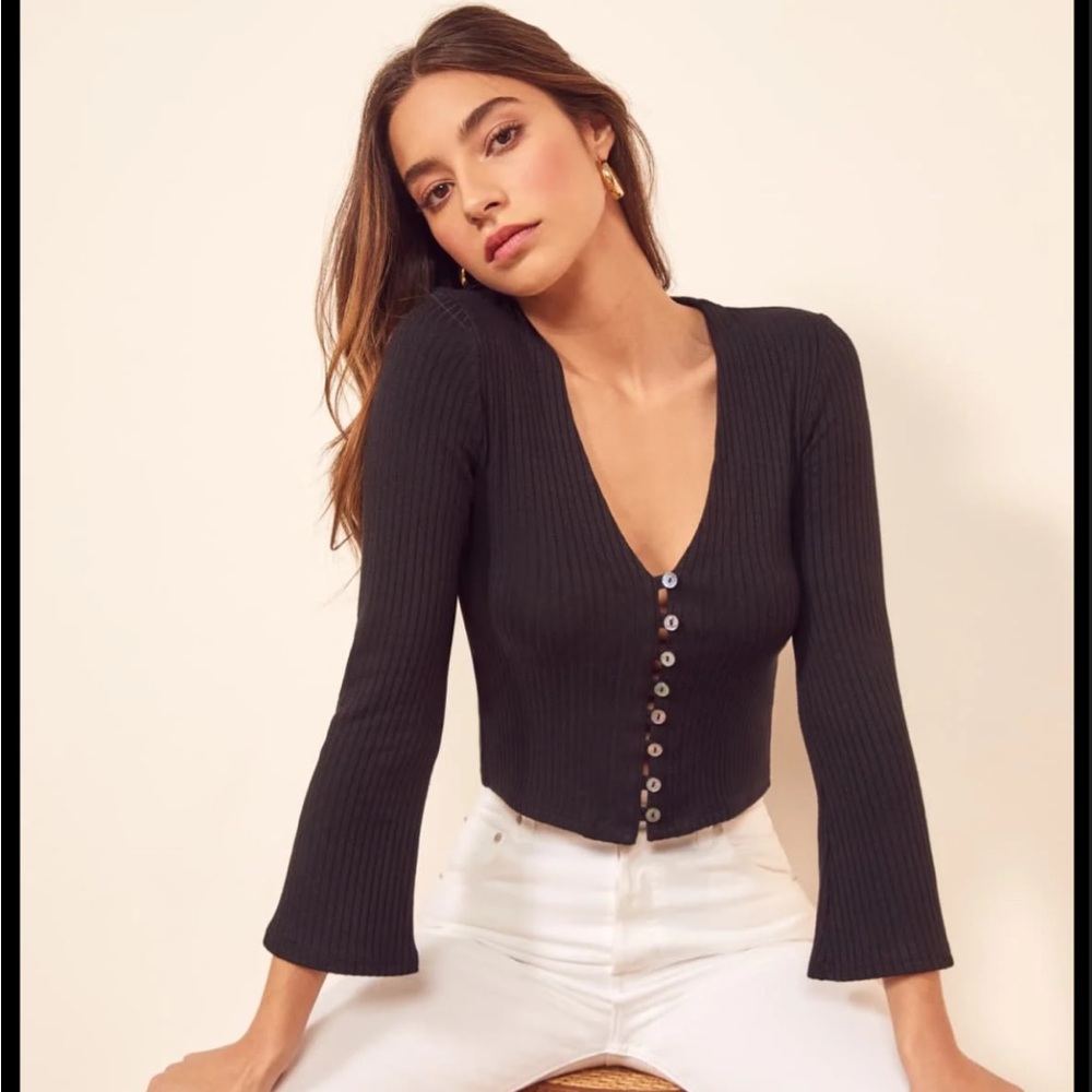Reformation Gellar Black Ribbed V-Neck Button-Up Top